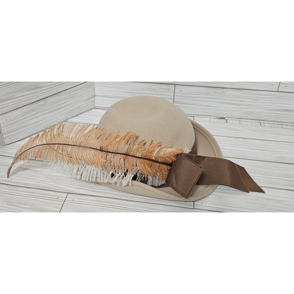 Vintage ADOLFO II Excello Wool Fedora Bowl Top Wide Brim Hat  6” with Feather